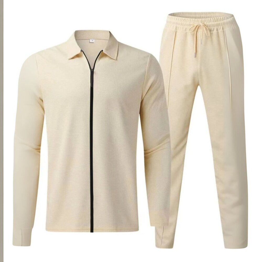 Men's Khaki Zip Up Top & Pants Outfit Set